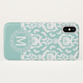 Blau Weiß Damast Monogramm Case-Mate iPhone Hülle (Rückseite (Horizontal))