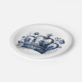 Blau-weiß Delft-Kronen mit Blume Pappteller (Schrägansicht)