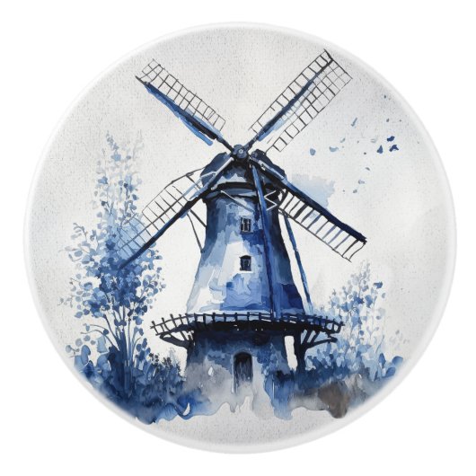 Blau-weiß Delft-Landschaft mit Windmühle Keramikknauf (Vorderseite)