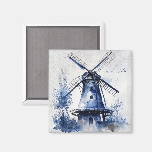Blau-weiß Delft-Landschaft mit Windmühle Magnet (Vorderseite/Rückseite)