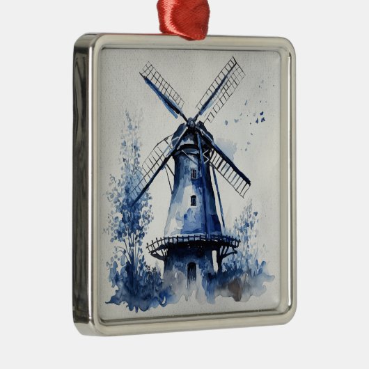 Blau-weiß Delft-Landschaft mit Windmühle Ornament Aus Metall (Rechts)