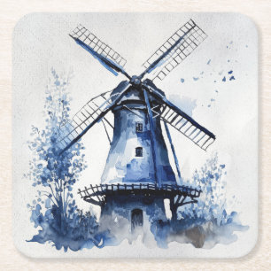 Blau-weiß Delft-Landschaft mit Windmühle Rechteckiger Pappuntersetzer