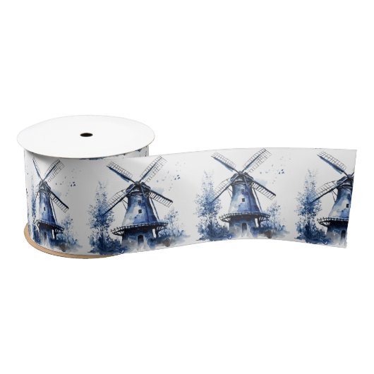 Blau-weiß Delft-Landschaft mit Windmühle Satinband (Spule)