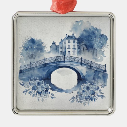 Blau-Weiß-Delft-Landschaft Ornament Aus Metall (Vorne)