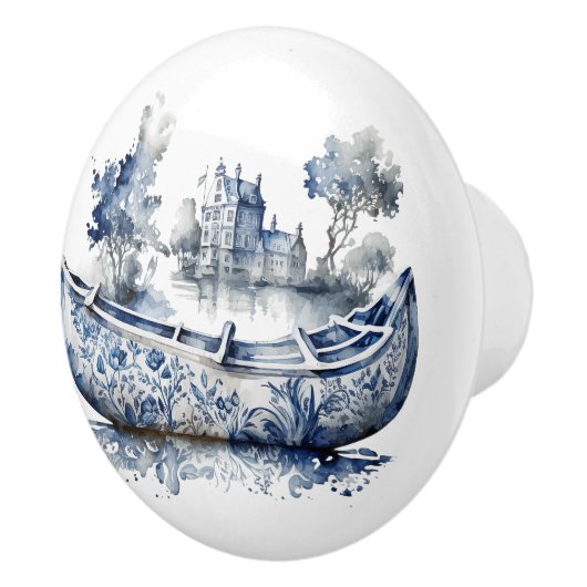 Blau-weiß Delft-Schiff mit Dorfszene Keramikknauf (Rechts)