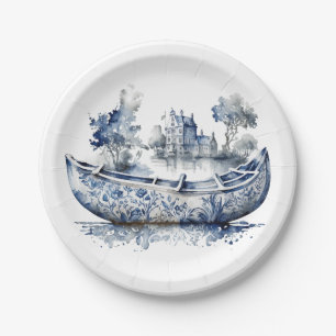 Blau-weiß Delft-Schiff mit Dorfszene Pappteller