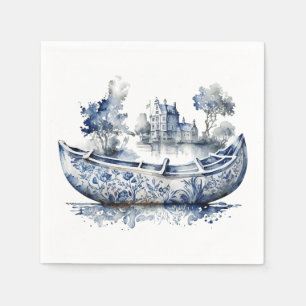 Blau-weiß Delft-Schiff mit Dorfszene Serviette