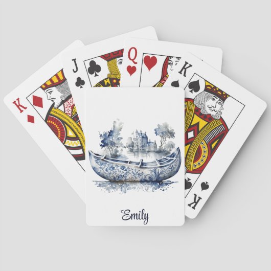 Blau-weiß Delft-Schiff mit Dorfszene Spielkarten (Rückseite)