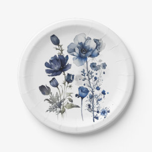 Blau-weiß Delft-Stil mit Wildblumen Pappteller