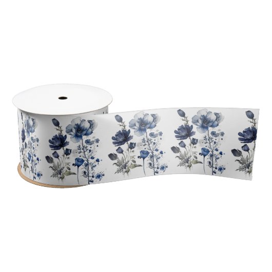 Blau-weiß Delft-Stil mit Wildblumen Satinband (Spule)