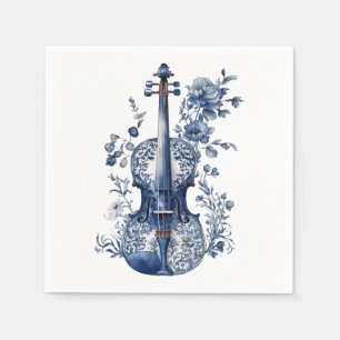 Blau-Weiß-Delft-Stil-Violine mit Blume Serviette