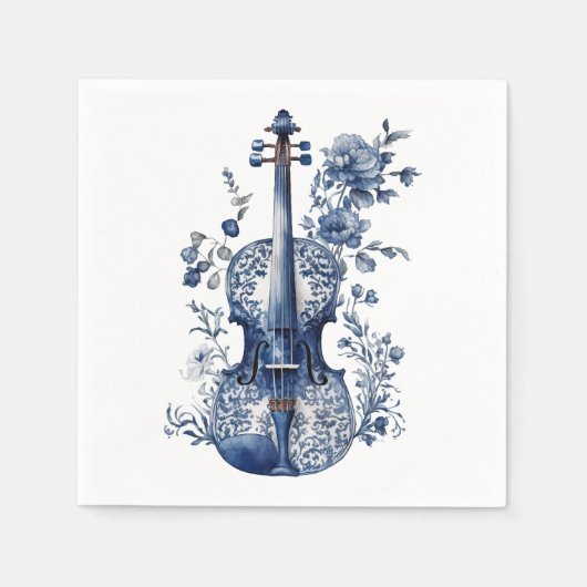 Blau-Weiß-Delft-Stil-Violine mit Blume Serviette (Vorderseite)