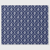 Blau-Weiß-Fleur-de-Lis-Quatrefolienmuster Geschenkpapier (Flach)