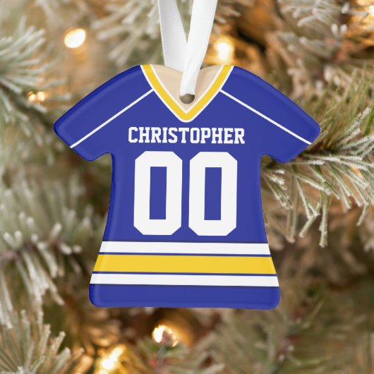 Blau/Weiß/Gelb Custom Hockey Jersey Ornament (Baum)