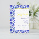 Blau, weiß, gelb, Majolika Brautparty Einladung (Stehend Vorderseite)