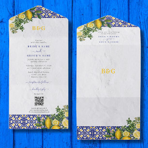 Blau Weiß Gelb Mittelmeer Fliese Zitrone Hochzeit All In One Einladung
