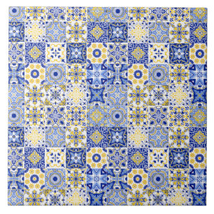 blau & weiß gelb portugiesisches Azulejo-Muster Fliese