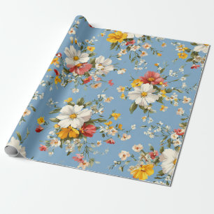 Blau Weiß Gelb Rot Ditsy Blumen Pastell Boho 70er Geschenkpapier