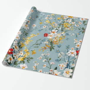 Blau Weiß Gelb Rot Ditsy Blumen Pastell Boho 70er Geschenkpapier