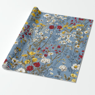 Blau Weiß Gelb Rot Ditsy Blumen Pastell Boho 70er Geschenkpapier