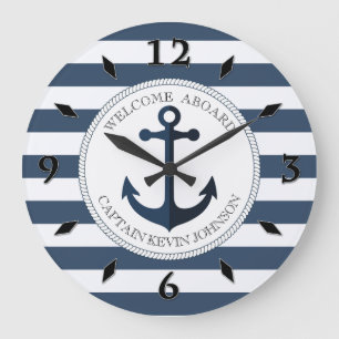 Blau-weiß gestreift mit personalisiertem Anker Große Wanduhr