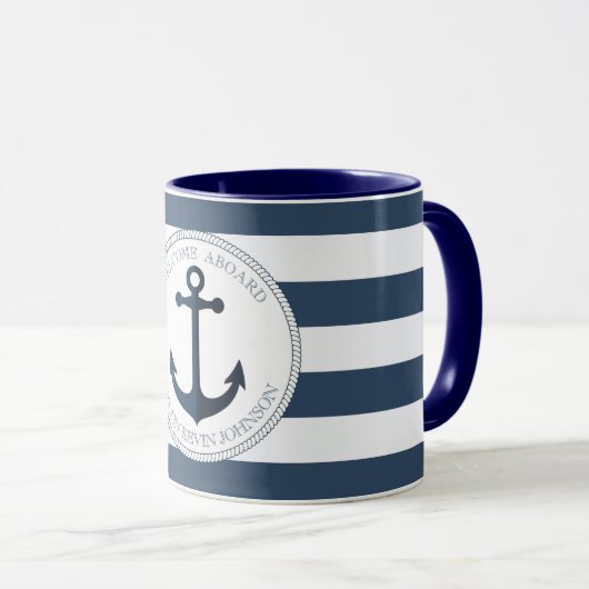 Blau-weiß gestreift mit personalisiertem Anker Tasse (VorderseiteRechts)