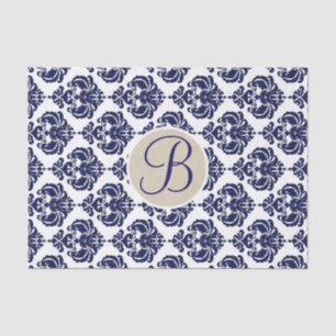 Blau-weiß glamouröser Damast-Monogramm-Buchstabe I Seidenpapier