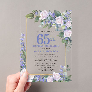 Blau Weiß Gold Blumen 65. Geburtstag Acryleinladungen