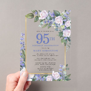 Blau Weiß Gold Blumen 95. Geburtstag Acryleinladungen