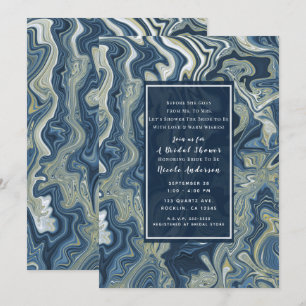 Blau Weiß Gold Chic Swirl Moderne Brautparty Einladung