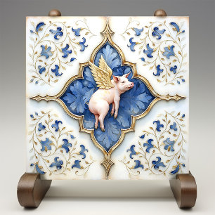 Blau Weiß Gold Schwein Mittelalterliche Ornamentik Fliese