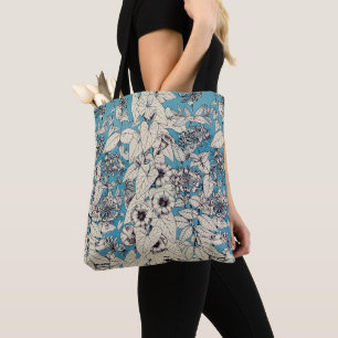 Blau-Weiß-Grafik-Blumenmuster Tasche