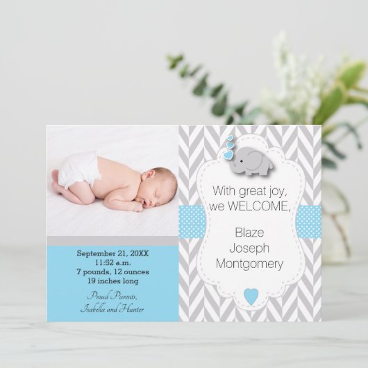 Blau, Weiß, Grau Elefant 🐘 Baby Foto Ankündigung (Stehend Vorderseite)
