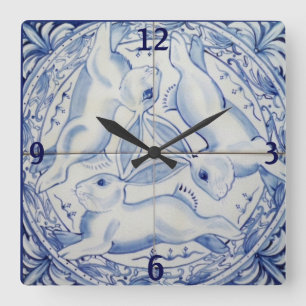 Blau & Weiß Kaninchen Bunny Three Hares Tile Deko Quadratische Wanduhr