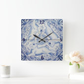 Blau & Weiß Kaninchen Bunny Three Hares Tile Dekor Quadratische Wanduhr (Zuhause)