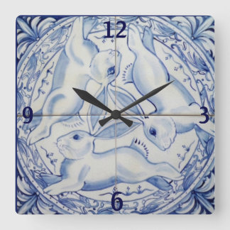 Blau & Weiß Kaninchen Bunny Three Hares Tile Dekor Quadratische Wanduhr