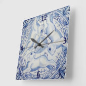 Blau & Weiß Kaninchen Bunny Three Hares Tile Dekor Quadratische Wanduhr (Winkel)