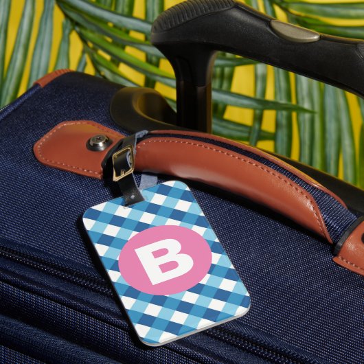 Blau-weiß kariert mit rosa Monogramm Gepäckanhänger (Vorderseite Insitu 1)