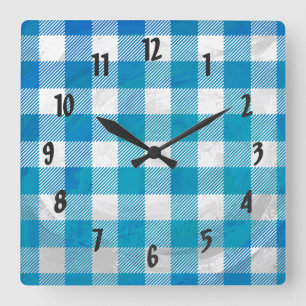 Blau-weiß kariertes Büffel-Karo Quadratische Wanduhr