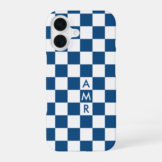 Blau-weiß kariertes Muster mit Monogramm iPhone 16 Hülle (Rückseite)