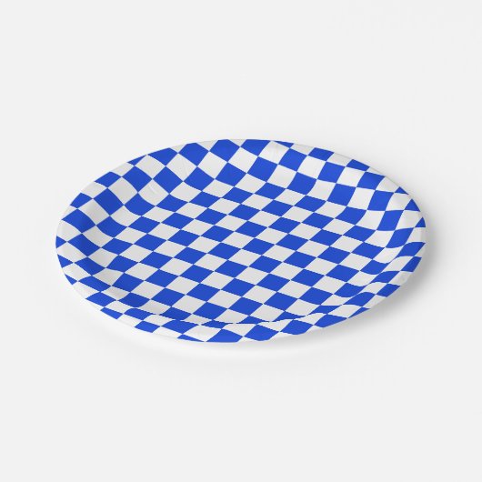 Blau-Weiß-Karo-Muster für das Prüfbrett Pappteller (Schrägansicht)