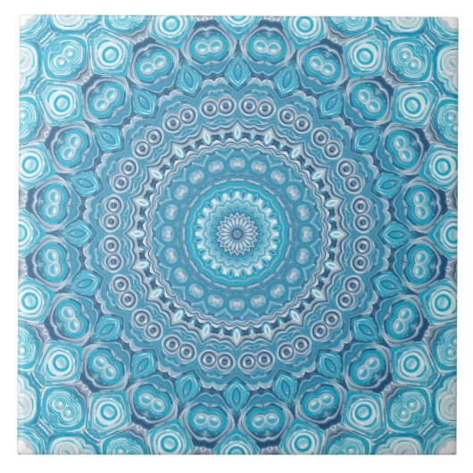 Blau-Weiß-Mandala-Musterdesign Fliese (Vorderseite)