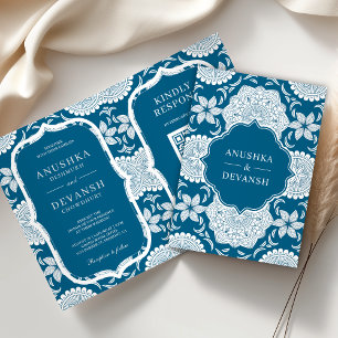 Blau-Weiß-Mandala-QR-Code Indische Hochzeit Einladung