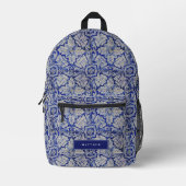 Blau-Weiß-mediterranes Vintages Blumenmuster Bedruckter Rucksack (Vorderseite)