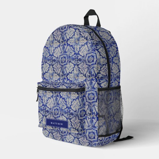 Blau-Weiß-mediterranes Vintages Blumenmuster Bedruckter Rucksack (Rückseitige Ecke Rechts)