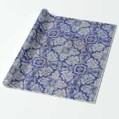 Blau-Weiß-mediterranes Vintages Blumenmuster Geschenkpapier (Ungerollt)