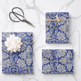 Blau-Weiß-mediterranes Vintages Blumenmuster Geschenkpapier Set