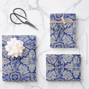 Blau-Weiß-mediterranes Vintages Blumenmuster Geschenkpapier Set