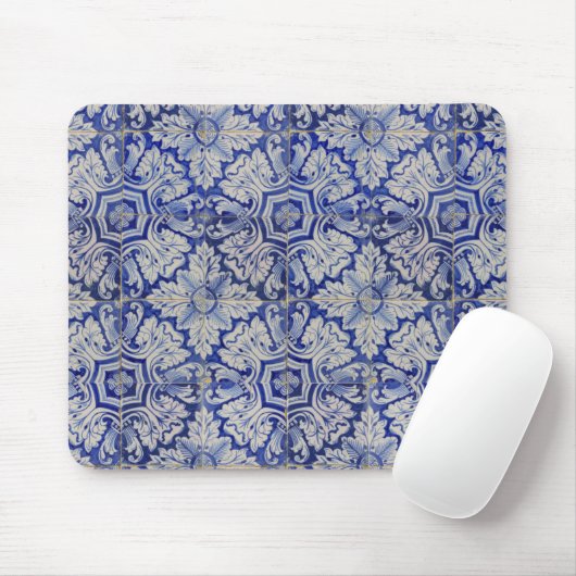 Blau-Weiß-mediterranes Vintages Blumenmuster Mousepad (Mit Mouse)