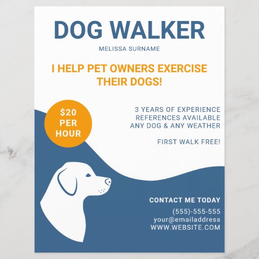 Blau-Weiß mit Orange Hundebetreuer Vorlage Flyer (Vorne)